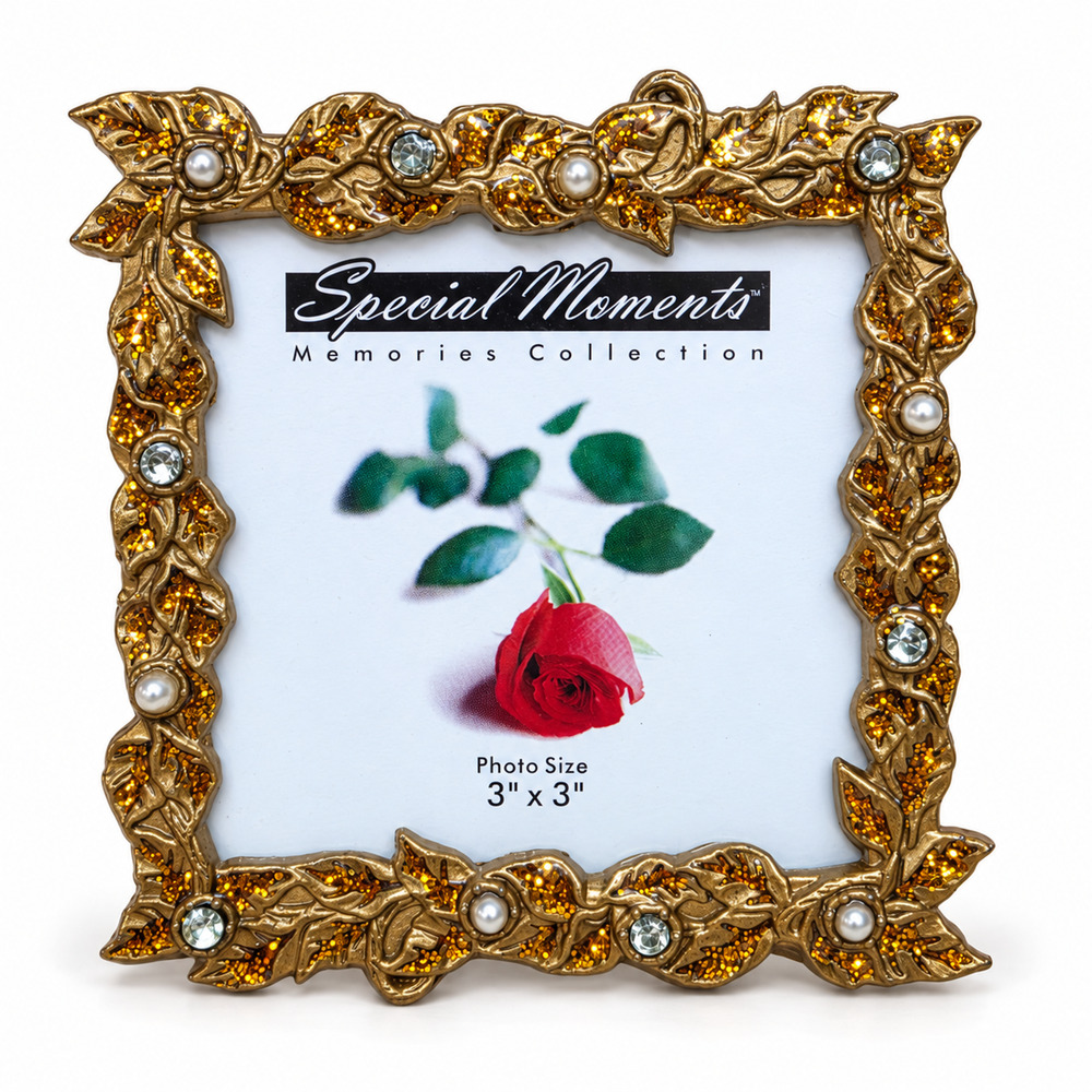 Special Moments Gold Plastic 3 x 3 Picture Frame Pearl Rhinestone Glitter Floral